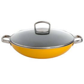 immagine del wok Silit Crazy Yellow, diametro 36 cm con coperchio in vetro, visone frontale