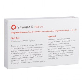immagine della confezione integratore Vitamina D 2000 U.I., 84 compresse masticabili di Metagenics, vista del retro, con ingredienti e modo d'uso.