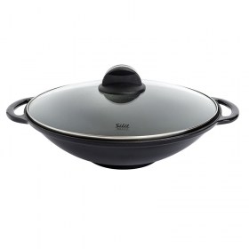 immagine del Set wok in ghisa di Silit, diametro 30 cm con coperchio in vetro, visione frontale